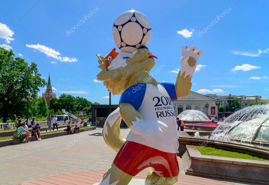 Moscow, Russia. June, 20, 2018 The official mascot of the 2018 FIFA World Cup and the FIFA Confederations Cup 2017 wolf Zabivaka at the Manezhnaya Square in Moscow