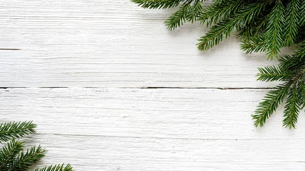 Christmas background with fir branches on white wooden board — Stock Photo, Image