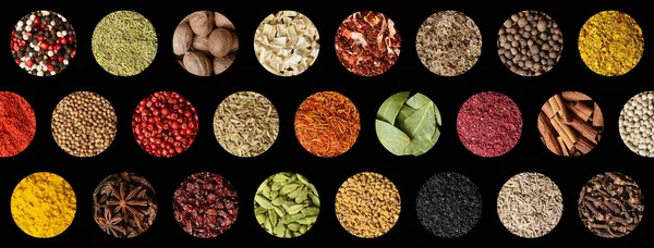 Colorful spice collage on black background — Stock Photo, Image