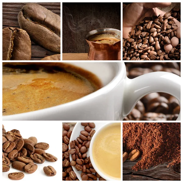 Colagem de café com xícara de café e grãos — Fotografia de Stock