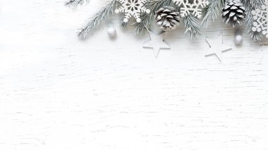 Noel beyaz çam ağacı dalları ile beyaz çam kozalakları.