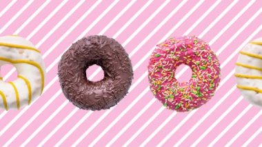 Pembe beyaz çizgili arka plan üzerinde renkli animasyon çörek