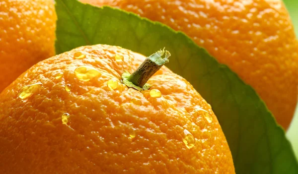 Fresh orange fruit with green leaf and juice droplets — Stock Photo, Image