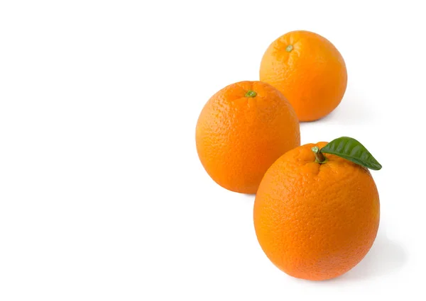 Τρία πορτοκάλια σε μια γραμμή σε λευκό φόντο — Φωτογραφία Αρχείου