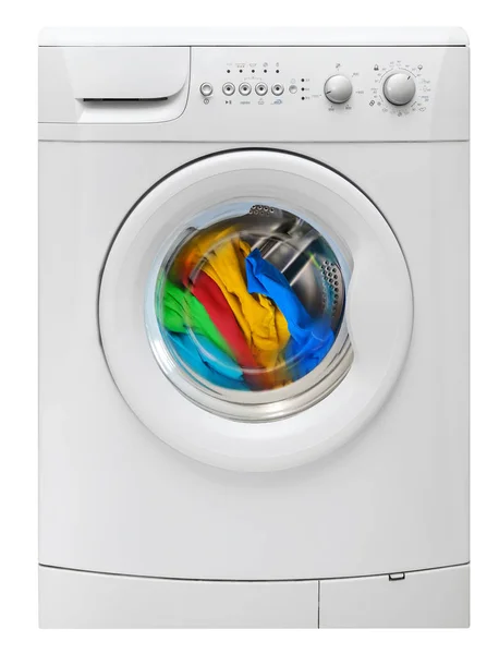 Tvättmaskin med mångfärgade kläder isolerad på vit — Stockfoto