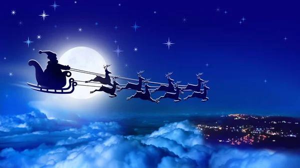 Santa Claus en un trineo y trineo de renos vuela sobre la Tierra en el fondo de la luna llena —  Fotos de Stock