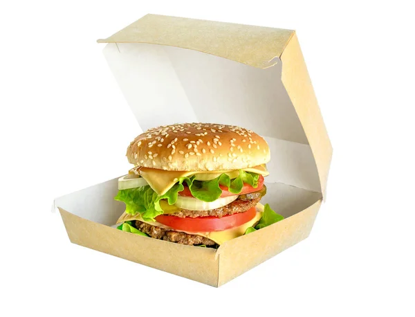 Big Hamburger in cardboard box isolated on white. — Stock Photo, Image