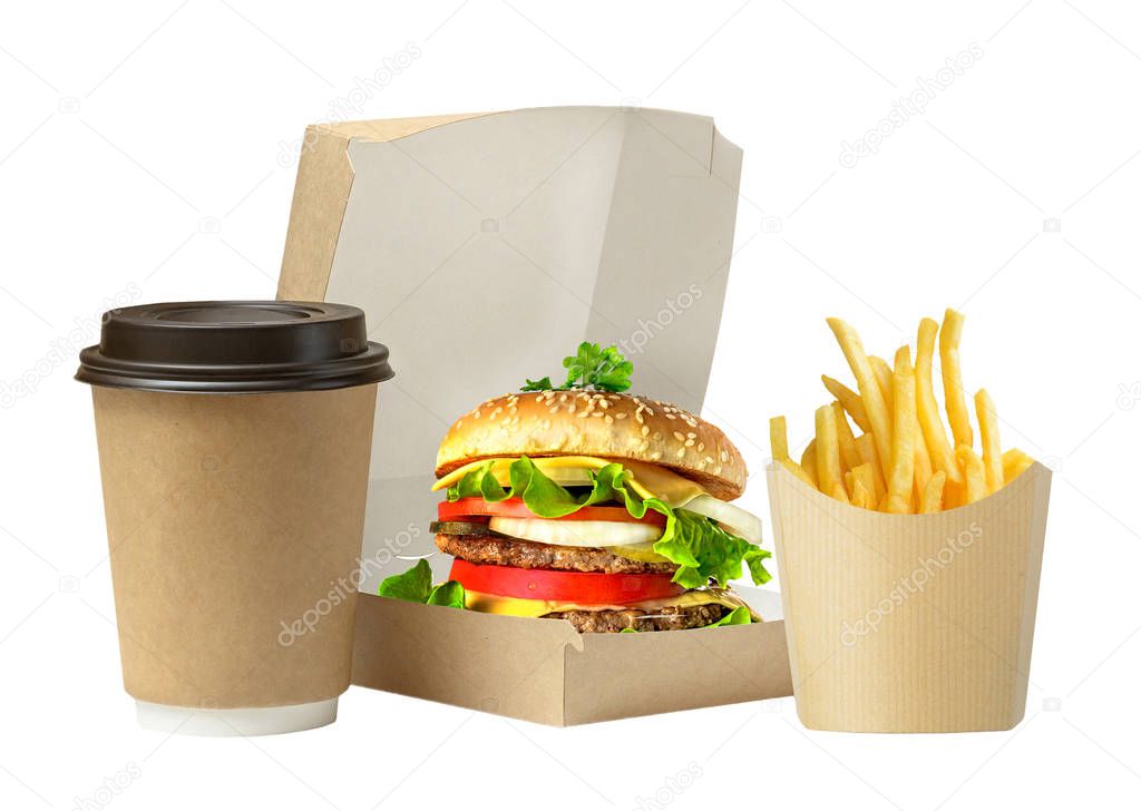 Tasty Hamburger, fries and cofee in cardboard package isolated on a white