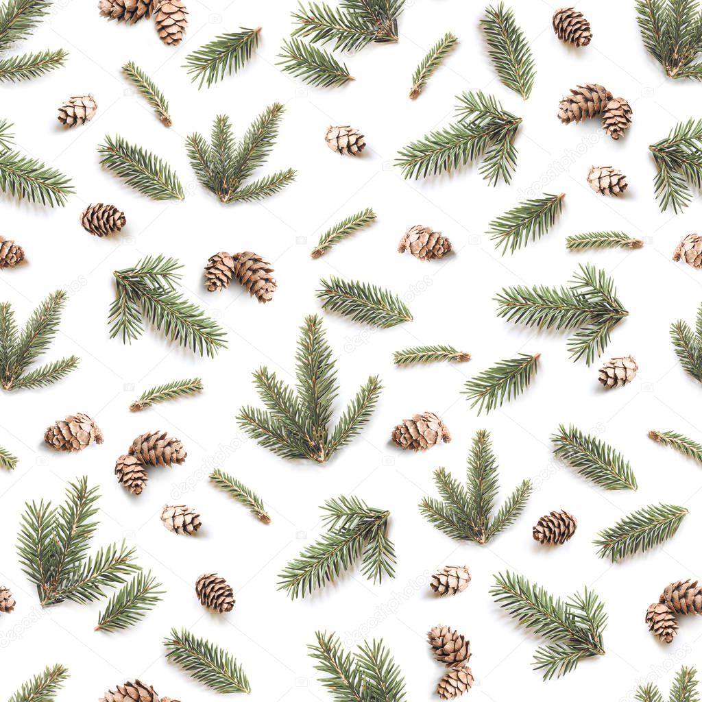 Christmas seamless pattern of Fir branches and pine cones. Winter pattern on white background.