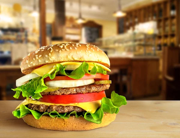 Fresh Double Hamburger Wooden Table Fast Food Restaurant Background — Stock Photo, Image