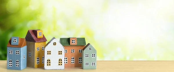 Immobilier Acheter Vendre Une Maison Concept Hypothécaire Maisons Miniatures Rangée — Photo