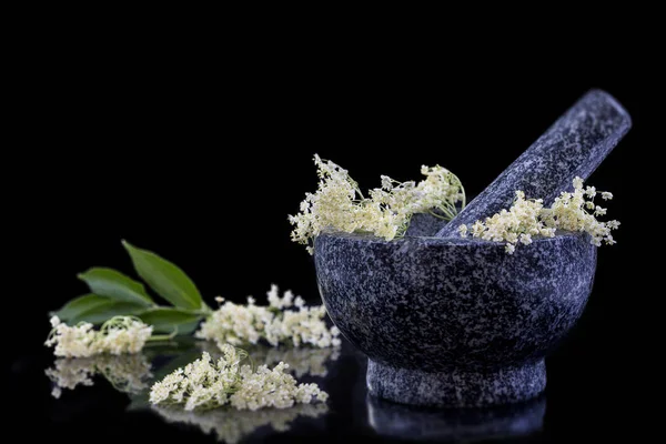 Mortier en een stamper. Natuurlijke cosmetica. Alternatieve geneeskunde, de traditionele geneeskunde frezh ouderling lfowers Vlierbes. — Stockfoto