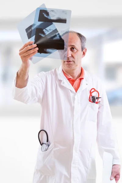 Médico segurando e examinando varreduras de raios X contra fundo embaçado — Fotografia de Stock