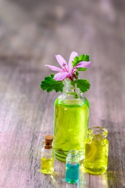 sardunya esansiyel yağ ekstresi, infüzyon, çare, ahşap arka plan üzerinde tentür konteyner