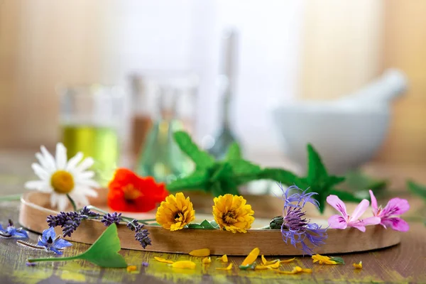 Ätherische Öle für die Aromatherapie mit frischen Kräutern im weißen Mörser-Hintergrund. Schönheit, Balsam. — Stockfoto