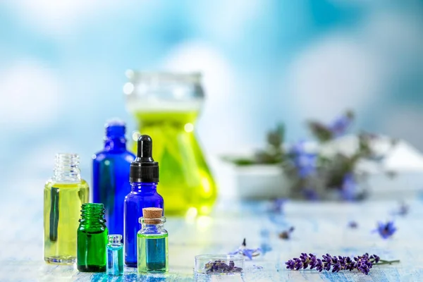Selectie van etherische oliën flessen en kruiden en bloemen, tijm en Bernagie op een blauwe achtergrond. — Stockfoto