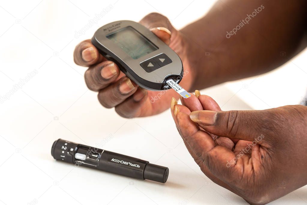 Diabetes diabetic concept finger for glucose sugar measure level blood test.