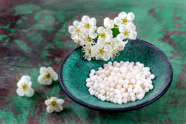 Medicina homeopática - vista de la medicina homeopática que consiste en las pilasson un tazón de cerámica con flores  . — Foto de Stock
