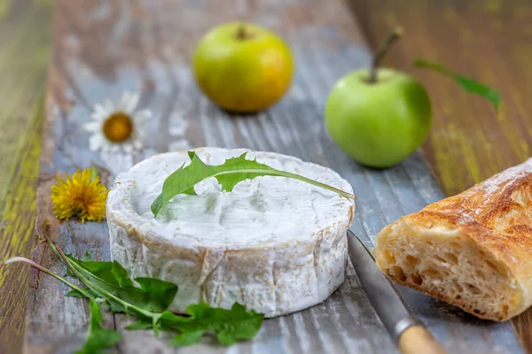 Dilimlenmiş Camembert peyniri geleneksel süt sütlü süt ürünleri taze aromatik bitkilerle birlikte. — Stok fotoğraf