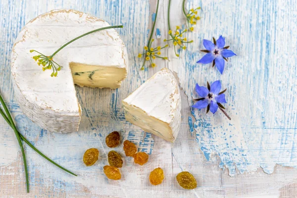 Runde Camembert-Käse in Scheiben geschnitten traditionelle französische Milch cremige Milchprodukte mit frischen aromatischen Kräutern — Stockfoto