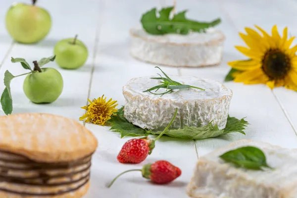 Seleção de queijos em fundo rústico de madeira. Prato de queijo com queijos diferentes, servido com frutas, — Fotografia de Stock