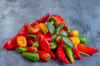 Dokulu bir yüzeye dizilmiş kırmızı, yeşil ve sarı biberlerden oluşan canlı bir koleksiyon. Bu taze sebzeler çeşitli yemek ve soslara baharat eklemek için mükemmeldir..