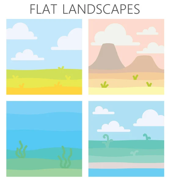 Soft nature landscapes. Desert with mountains, green summer field, coast with some plants, underwater view with seaweed. Vector illustration of square landscapes in simple minimalistic flat style.