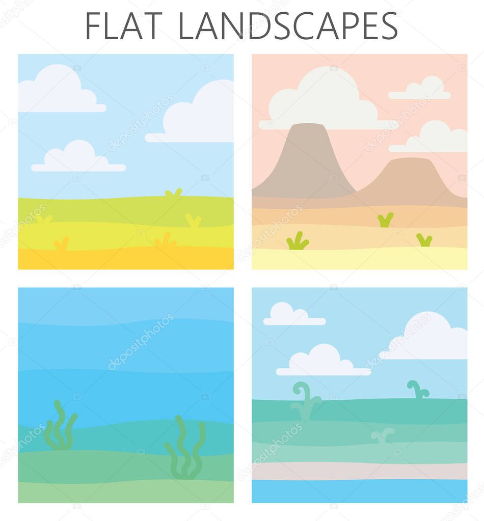 Soft nature landscapes. Desert with mountains, green summer field, coast with some plants, underwater view with seaweed. Vector illustration of square landscapes in simple minimalistic flat style.