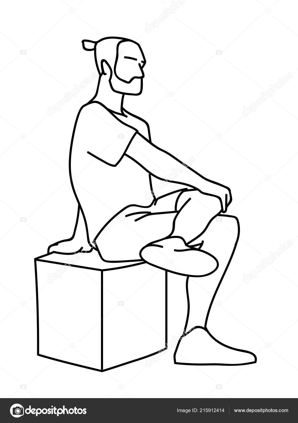 Man Sitting Cube One Foot Knee Black Lines Isolated White Stock