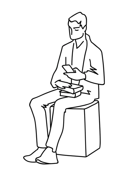 Man sitting on cube with some books looking at smartphone. Black lines on white background. Vector illustration of man searching information in simple line art style. Monochromatic hand drawn sketch — Stock Vector