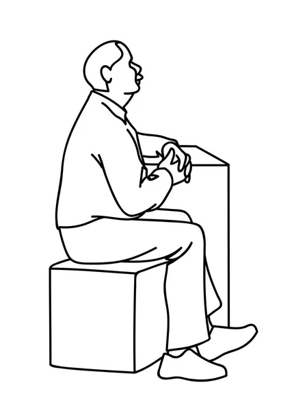 늙은이 큐브에 앉아 그의 손에 건너 블랙 라인 흰색 배경에 고립입니다. 개념입니다. 벡터 그림의 간단한 라인 아트 스타일에 수염을 가진 노인. 단색 손으로 그린된 스케치 — 스톡 벡터