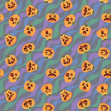 Kabak Cadılar Bayramı desen. Vektör çizim dalgalı şenlikli zemin üzerine çeşitli duygular ile farklı formu kabak kafa. Tüm akşam toplantı salonu. Tatil tasarlamak vektör. Tasarım öğesi.