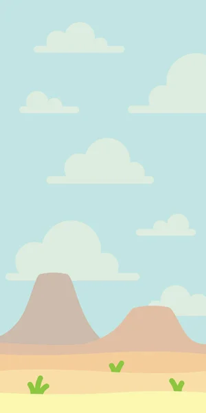 Мягкий природный ландшафт с голубым небом, пустыней, вулканами или горами, немного травы. Пустое место. Никого. Векторная иллюстрация в простом минималистичном плоском стиле. Сцена для художественной работы, дизайна. Вертикаль . — стоковый вектор
