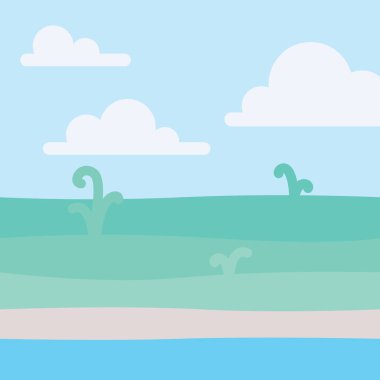 Yumuşak doğa manzara mavi gökyüzü, kıyı ve bazı yeşil bitkiler ile. Sahil sahne. Deniz ve glade. Vektör çizim basit minimalist düz tarzı. Sanat ve tasarım için sahne.