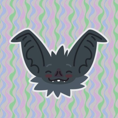 Cadılar Bayramı yarasa gülen baş kızardı. İri kulaklı gri burnu kırmızı yanakları vektör çizim utangaç duygu gösterir. Utangaç emoji. Cadılar Bayramı dekorasyon, Yazdır, etiket, sohbet, iletişim.