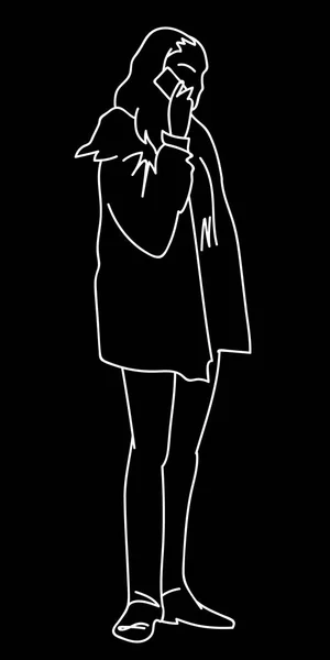 A woman in street clothes stands and talking on a cell phone. Vector illustration of girl with smartphone. Concept. Sketch. Line art. White lines on black background. — Stock Vector