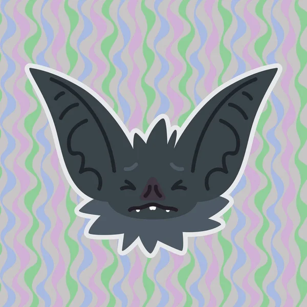 Halloween Bat sonriente cabeza se asustó con los ojos cerrados. La ilustración vectorial del hocico gris con orejas de murciélago muestra emociones de miedo. Emoji infeliz. Decoración de Halloween, impresión, pegatina, chat, comunicación — Archivo Imágenes Vectoriales