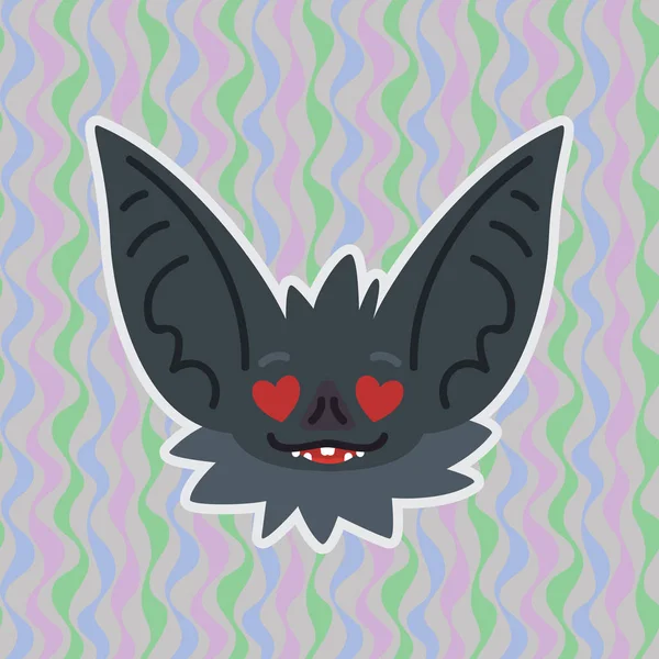 Halloween Bat cabeza sonriente con corazones en los ojos. Enamorado. La ilustración vectorial del hocico gris con orejas de murciélago muestra una emoción enamorada. Emoji amoroso. Decoración de Halloween, impresión, pegatina, chat, comunicación — Vector de stock