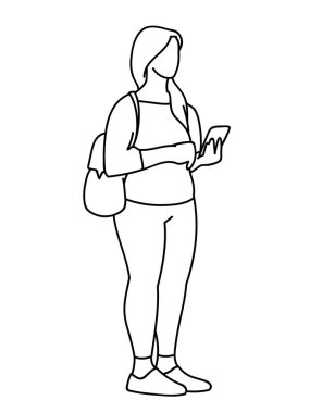 Tombul kız ayakta, cep telefonu seyir sırt çantası ile. Genç kadın sosyal ağlar kontrol vektör Illustration. Kavram. Beyaz arka plan üzerinde siyah çizgiler. Sanal iletişim.