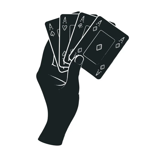 Gesture. Female hand with poker cards. Vector illustration in sketch style isolated on a white background. White lines and dark grey silhouette. Gambling card game. Front view. — Stock Vector