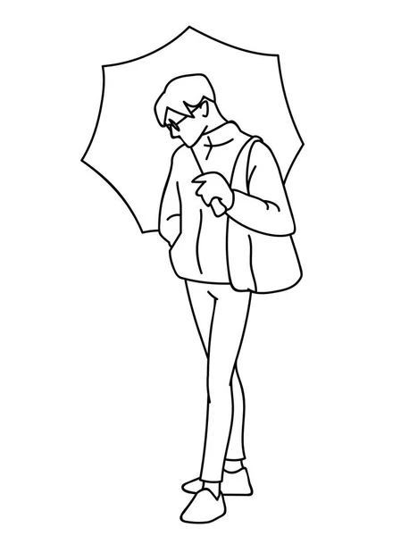 Man standing, holding umbrella in his hand. Black lines isolated on white background. Concept. Vector illustration of man in streetwear and glasses in simple line art style. Monochrome minimalism. — Stock Vector