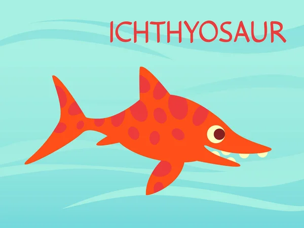 Ichthyosaur yang lucu berenang. Kehidupan Dinosaurus. Ilustrasi vektor karakter prasejarah dalam gaya kartun datar diisolasi pada latar belakang bawah air. Ichthyosaurus oranye yang lucu. Elemen untuk desain . - Stok Vektor