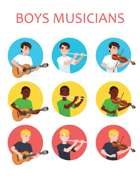 Musicians boys está inspirado para tocar diferentes instrumentos musicales. Violinista, flautista, guitarrista. Ilustración vectorial en estilo plano de dibujos animados en círculo sobre fondo blanco para su diseño, impresión. Música . — Archivo Imágenes Vectoriales