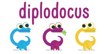 Sevimli Diplodocus yürüme. Dinozor hayat. Düz çizgi film tarzı beyaz arka plan üzerinde tarih öncesi karakter vektör Illustration. Komik Brontosaurus iri gözlü. Boyama türevleri.