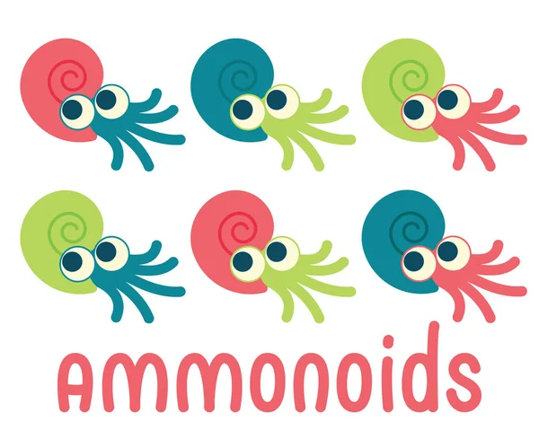 Ammonóides giros. Ilustração vetorial de caráter pré-histórico em estilo cartoon plano isolado em fundo branco. Ammonite engraçado com grandes olhos em espiral shell. Elemento para design. Variantes de coloração — Vetor de Stock