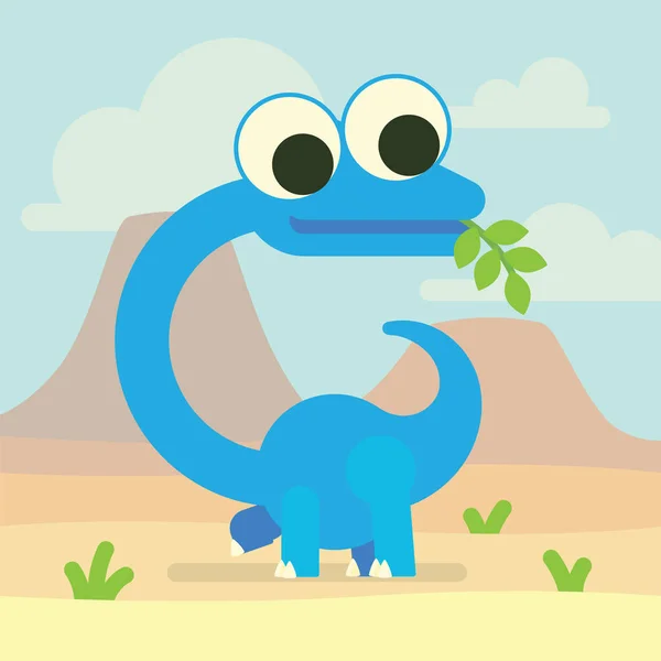 Cute Diplodocus in valley of the volcanoes. Dinosaur life. Vector illustration of prehistoric character in flat cartoon style isolated on landscape background. Funny blue Brontosaurus with big eyes — Stock Vector