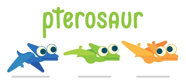 Roztomilý pterosaura létání. Život dinosaurů. Vektorové ilustrace prehistorického charakteru v ploché kreslený styl izolovaných na bílém pozadí. Legrační krokodýlovi s velkýma očima. Varianty barvy a pozice — Stockový vektor