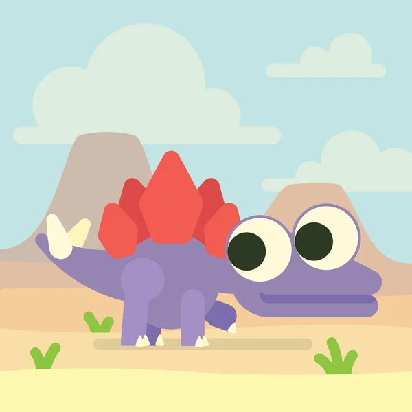 Cute Stegosaurus in valley of the volcanoes. Dinosaur life. Vector illustration of prehistoric character in flat cartoon style isolated on landscape background. Funny violet Stegosaur with big eyes.