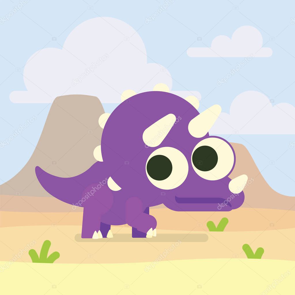 Cute Triceratops. Dinosaur life. Illustration of prehistoric character in flat cartoon style on desert landscape background. Funny violet Ceratopsia with big eyes. Element for design