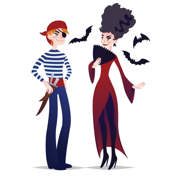 Pareja de personajes de Halloween en estilo de dibujos animados. Ilustración vectorial de niño disfrazado de pirata y niña disfrazada de vampiro disfrazado para la fiesta de máscaras de Halloween sobre fondo blanco. Disfraces . — Archivo Imágenes Vectoriales